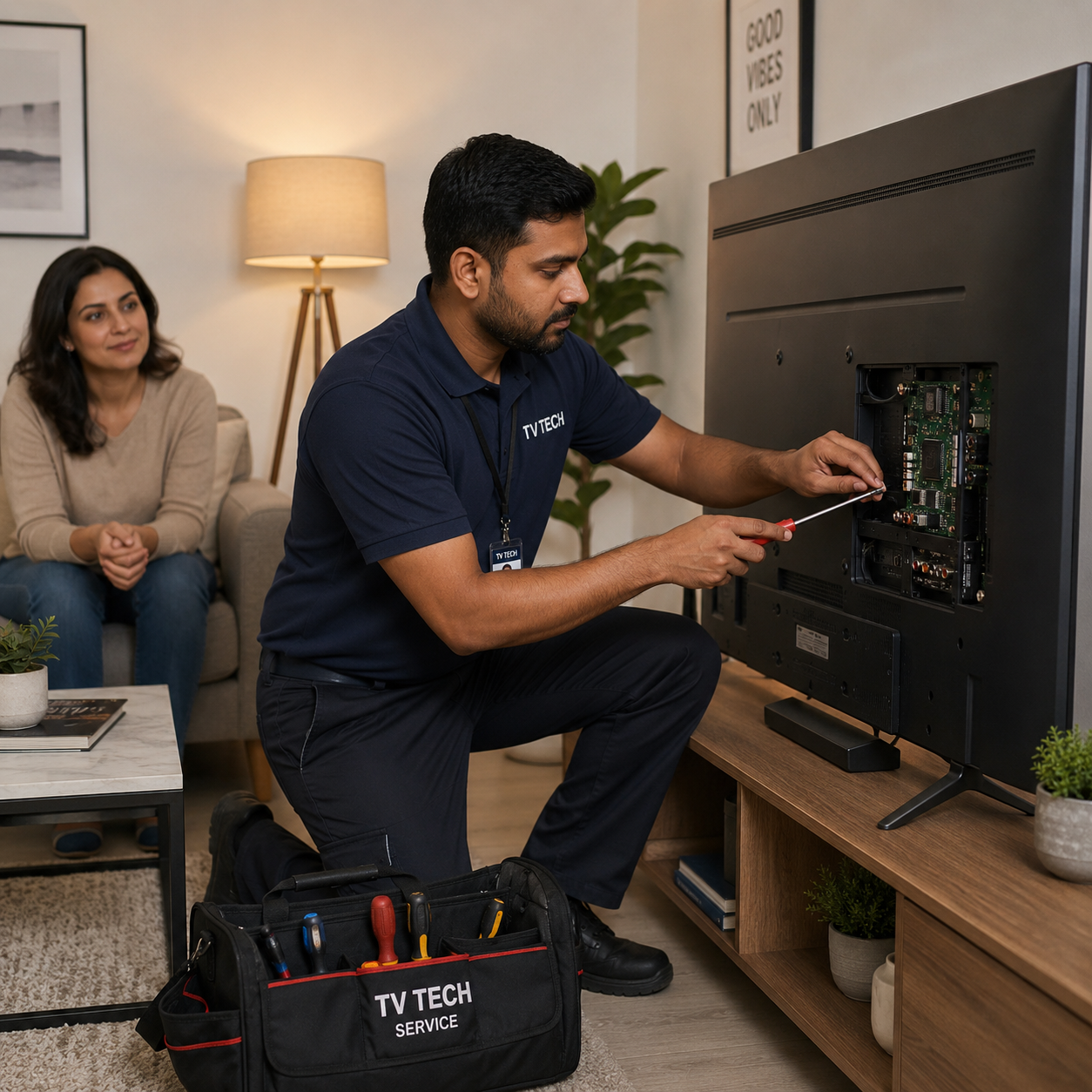 Technician repairing a flat screen TV while customer watches.